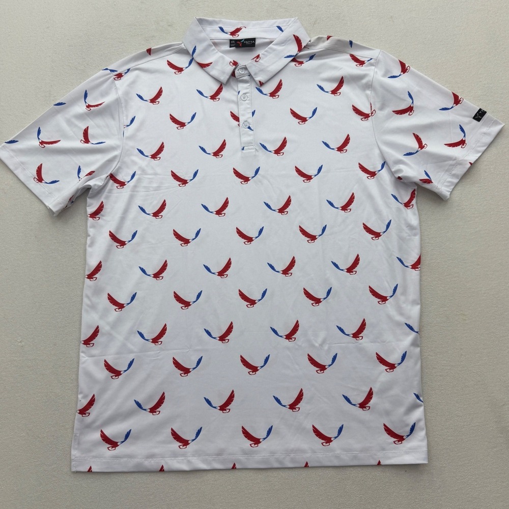 Yatta Golf Polo Shirt Mens XXL White Red Blue Eagle Print Performance Stretch - Picture 3 of 9
